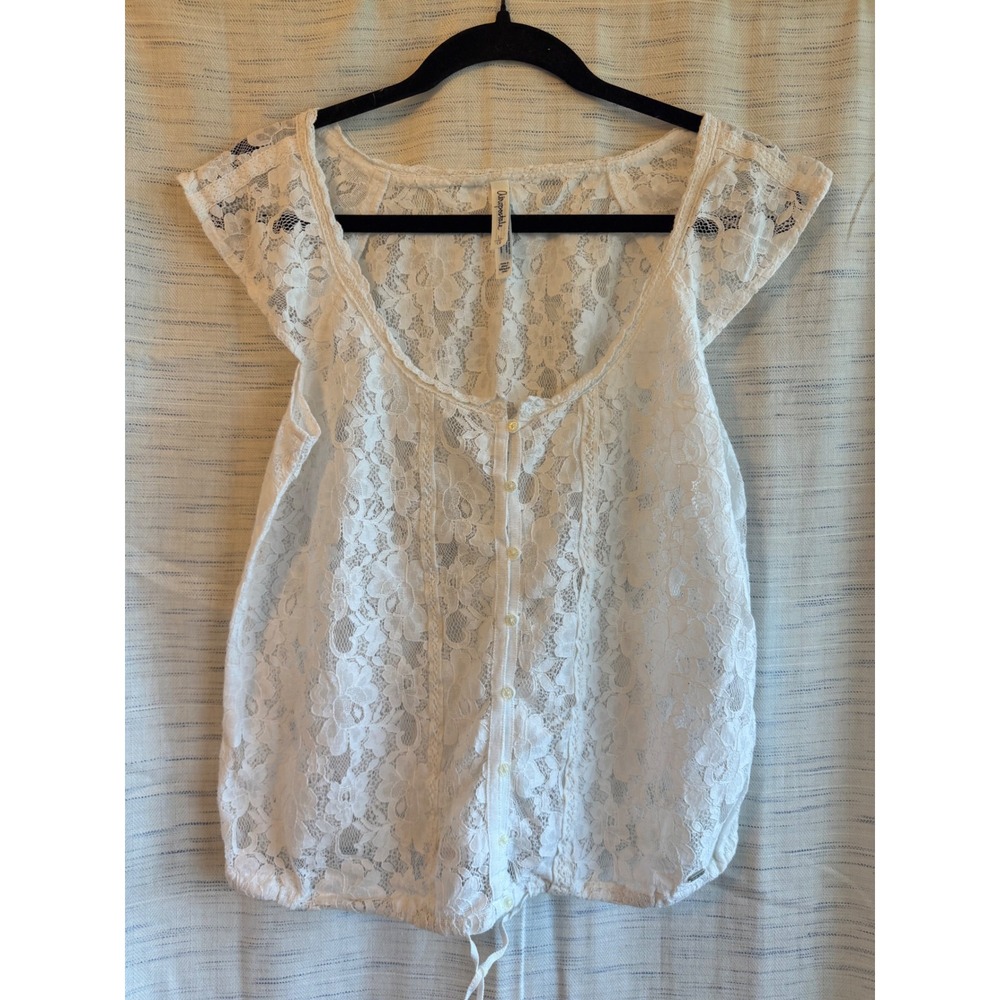 Aeropostale White Floral Lace Button Front Flutter Sleeve Boho Top Large